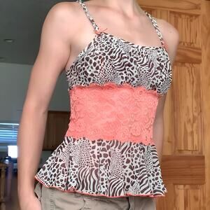 Cabernet Womens VTG Vintage Y2K Bold Animal Print Sheer Babydoll Lace Cami Top M